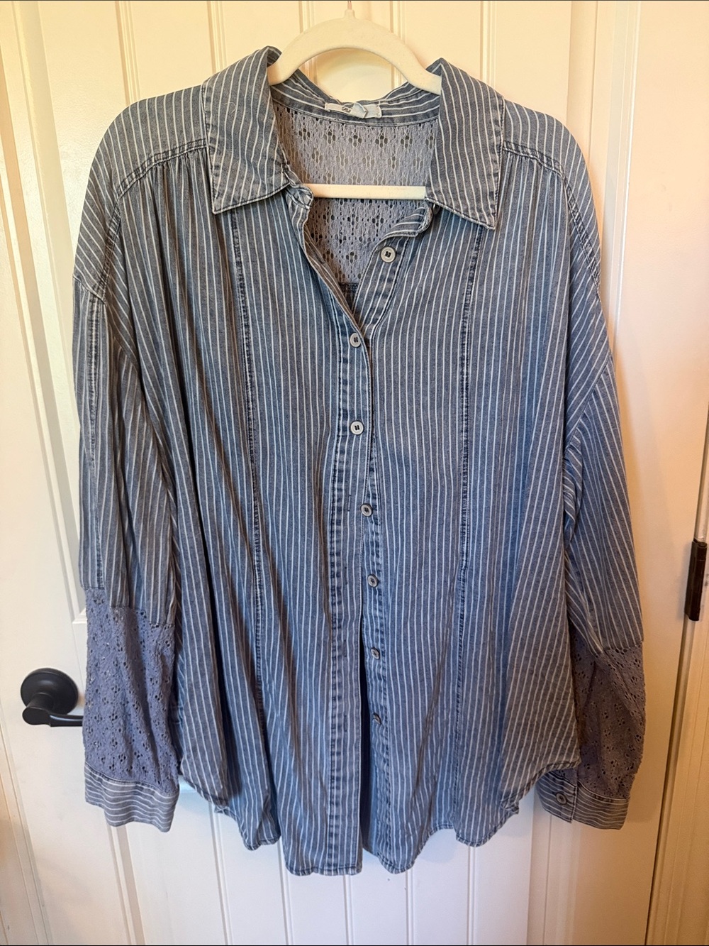 Blue Velvet Striped Blue Button-Down Shirt with Eyelet Sleeves